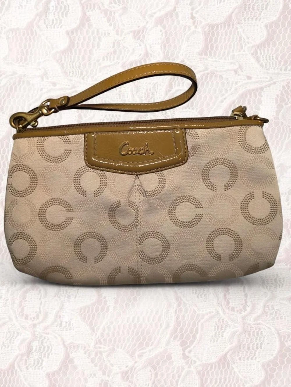 Coach Beige Y2K Signature Wristlet with Tan Leather Trim